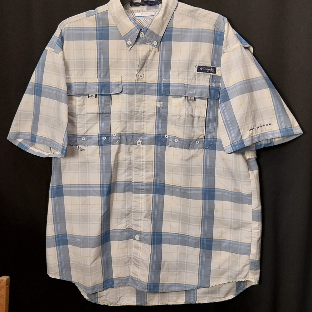 Columbia PFG Super Bahama Shirt M Blue Yellow Plaid Vented Fishing SS Omnishade